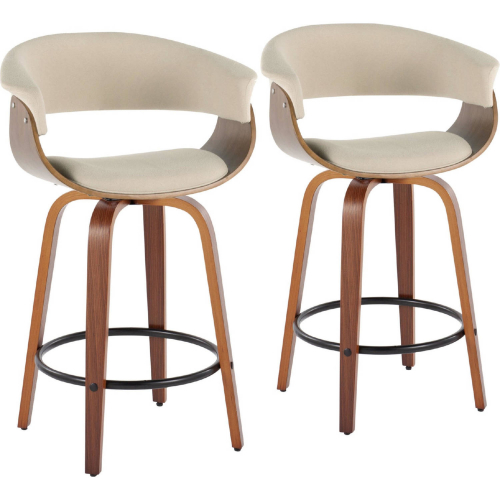 Vintage Mod 26" Swivel Counter Stool in Walnut Wood & Cream Fabric w/ Black Footrest (Set of 2)